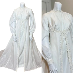 Vintage 60’s BOHEMIAN WEDDING DRESS S 4 Floral Boho Train Long Sleeves Bow - Picture 1 of 11