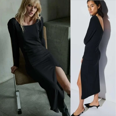 Nation Los Angeles Mujer Grande Alma Jet Negro Bodycon Midi Manga Larga Abertura Foto 1 de 4