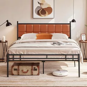 New-Queen Size Bed Frame with PU Upholstered Headboard, Metal Platform Ma - Picture 1 of 7