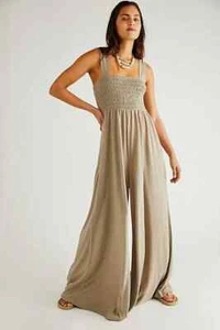 Free People Smocked Wide-Leg Homecoming Jumpsuit Jumper, Neutral - LARGE - NEW - Picture 1 of 9