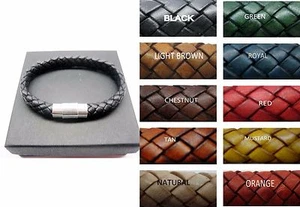 sterling silver 925 tube decor w/8mm braided Italian leather bracelet men/women - Picture 1 of 7
