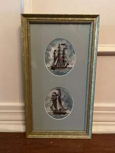 Framed Old World Nautical Clipper Ship Picture 14x8 Stitched Round Matted Gold - Picture 1 of 2