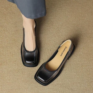 Vintage Square Toe Womens Slip on Shoes Fashion Real Leather Low Top Pumps Chic - Foto 1 di 17