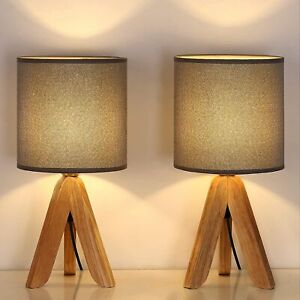 Set of 2 Modern Table Lamp Wooden Tripod Nightstand Lamp for Bedroom,Living room