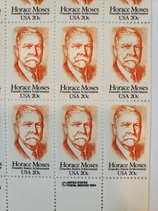 1984 FULL SHEET OF 50 Horace Moses Stamps 20 cent - Picture 1 of 3
