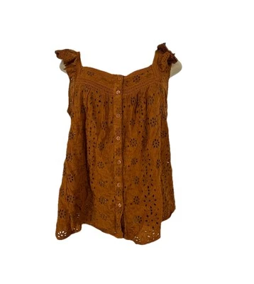 Lucky Brand Top Women Medium Tank Embroidered Eyelet Button Front Ruffle 51-26 - Image 1 of 4