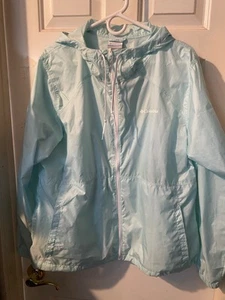 Columbia Pale Aqua Hooded Windbreaker Jacket Womens XL Full Zip Pockets - Picture 1 of 8