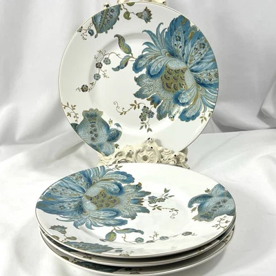 Set of 4/ 222 Fifth Eliza Teal Salad Plates Set 8 3/4" Floral White Porcelain  - Image 1 of 4