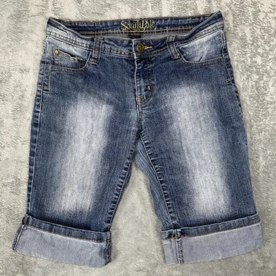 Pantalones Cortos Polo Sur Para Mujer 7 Azul Oscuro Denim Jean Pantalones Cortos Puños Y2K Hip Hop Patín Foto 1 de 4
