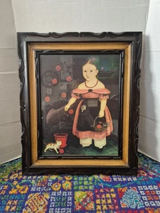 Framed Print- Girl w/Red Flowers & Kitten- 1800's American Folk  Art Style - Picture 1 of 4