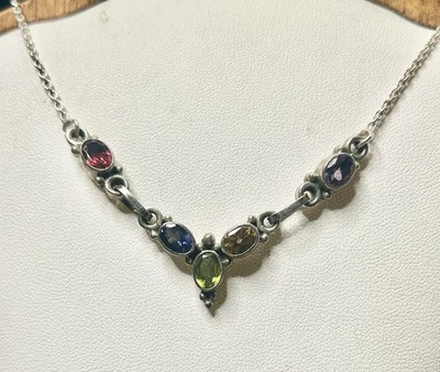 Sterling Silver Multi Gemstone Necklace Stamped 925 Amethyst Peridot Citrine   - Image 1 of 4