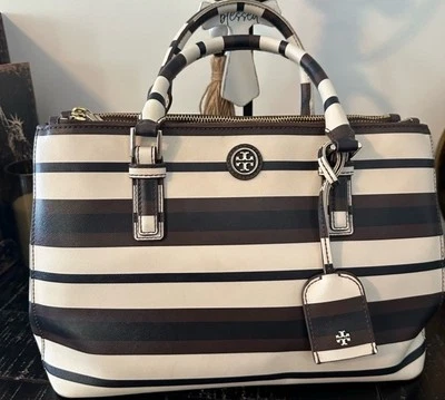 Tory Burch Black and Cream Satchel with Structured Design - Image 1 of 4