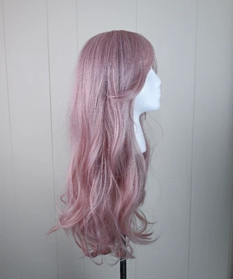 Peruca feminina rosa empoeirada rosa esfumaçado cabelo longo ondulado com franjas | 26 pol - Imagem 1 de 4