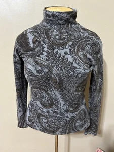 Escape Cashmere Blend Mock Neck Paisley Print Grey Top Size Small - Picture 1 of 7