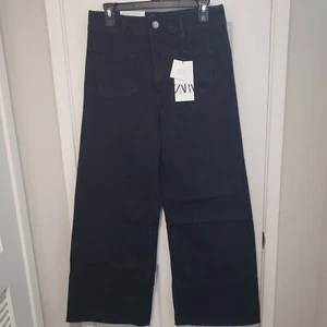 Zara The Marine Straight Jeans Womens 10 Black Wash High Waist Wide Leg Raw Hem - Picture 1 of 5