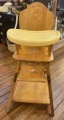 Antique Thayer High Chair Convertible To Play Chair  With Bear  Print Solid Wood Cover