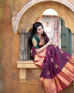 Women's Embroidery Stone Work Vichitra Silk Saree with Unstitched Blouse Piece - Picture 1 of 10