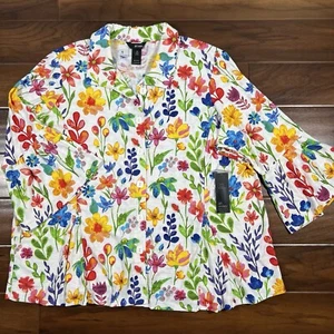 Ali Miles Women's Size 2X White Floral 3/4 Bell Sleeve Button Front Top Shirt - Picture 1 of 12