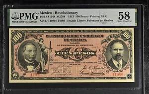 Mexico Rev Est. Libre y Sob. de Sinaloa M3788 P# S148 1915 100 Pesos PMG ChUNC58 - Picture 1 of 2