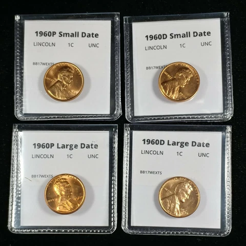 1960 P+D Lincoln Cent Four Coin Small and Large Date Penny Set - BU Cover