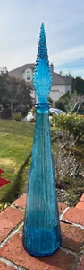 Vintage Italian Empoli Blue Glass Decanter Genie Bottle 22in Italy Made Ripple - Picture 1 of 8
