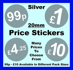 20mm Silver Price Point Stickers / Sticky Swing Tag Labels £1, £1.99, £5, £10 - Picture 1 of 49