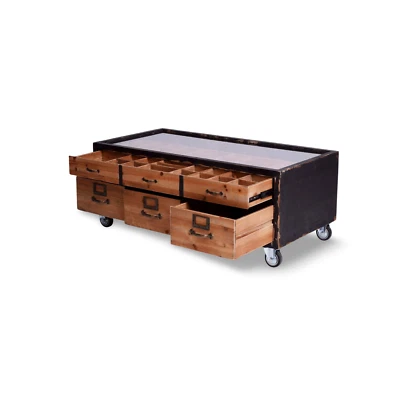 Couchtisch Lofttisch Glasplatte Setzkastentisch Schubladen Tisch auf Rädern neu - Bild 1 von 4