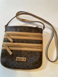 Calvin Klein Leather Small Bag Brown Logo Crossbody Purse H2REJ166 - Picture 1 of 6