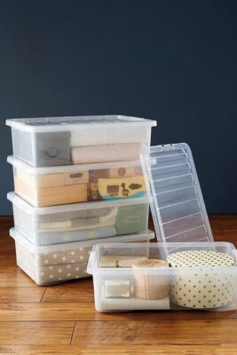 32 Litres Underbed Clear Plastic Storage Box & Secure Clip on Lid Office Home - Image 1 of 4