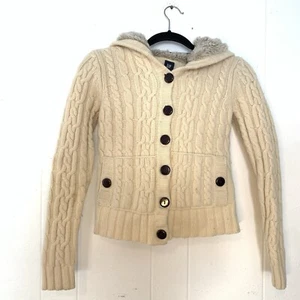 Vtg Gap Womens Small Sweater Button Cable Knit Cream Lambswool Hood Y2K Preppy - Picture 1 of 7
