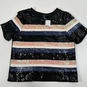 Forever 21 gestreiftes Kurzarm-Top gewebt schwarz bunt gefüttert Pailletten Gr. M - Bild 1 von 12
