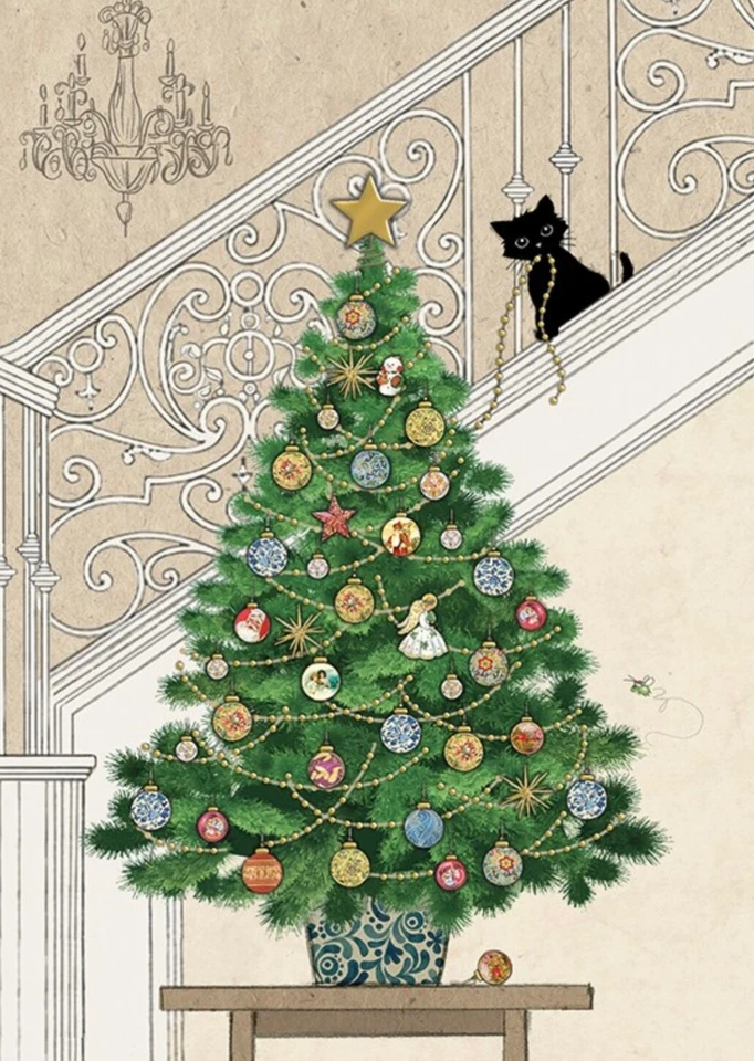 Bug Art Cat Christmas card embossed & foiled ~ Tree Kitten ~ SINGLE CARD