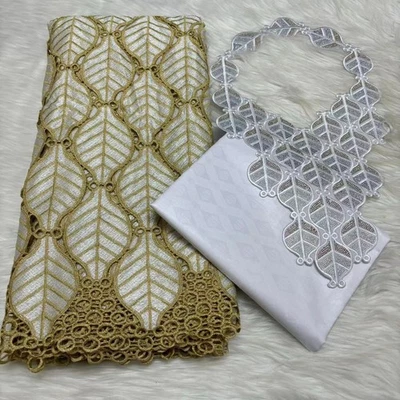 YQOINFKS Cord Lace Mesh Cotton Fabric Sewing Africa Bazin Fabric Party Dress Set - Image 1 of 4