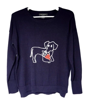 French Connection Dachshund Sweater Le Weenie Dog Womens S Crew Neck Dark Blue - Image 1 of 4
