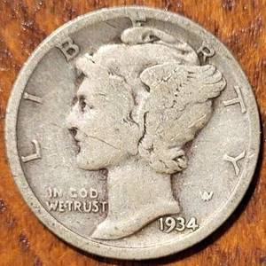 1934 P Mercury Dime 10 Cent Coin   N84 - Picture 1 of 2