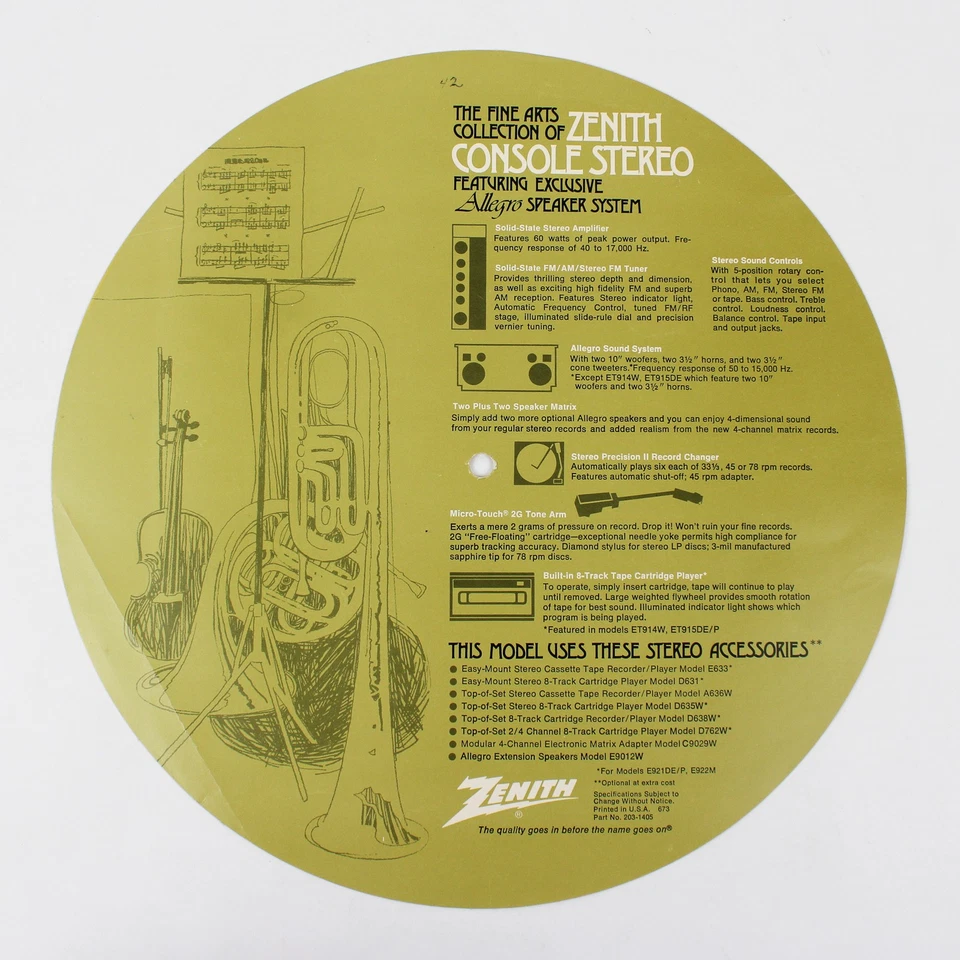 Vintage Zenith Console Stereo Record Player Promotional Paper Insert - Image 1 of 4