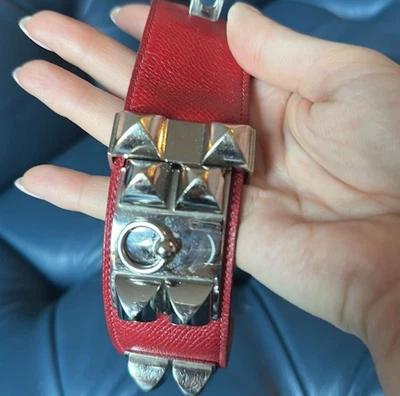 Pulsera Hermes Collar De Chien Cuero Borgoña/Plata Gruesa Talla S Foto 1 de 4