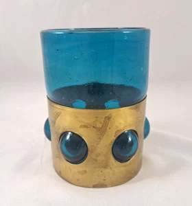 Felipe Derflingher Vidrio Enjaulado Azul Turquesa y Latón 4.5" Vidrio Rocas 14oz - Imagen 1 de 6