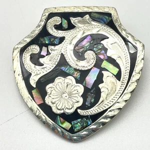 Vintage Alpaca Mexico Abalone Inlay Shield Scarf Slide Clip Rebozo Shawl - Picture 1 of 4