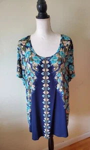JM Collection Women's Plus 3X Top Tunic Short Sleeve Scoop Neck Blue/Multi - Picture 1 of 15