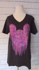 Disney Store Womens Mickey VNeck Black T-shirt Pink Purple Teal Glitter Size L - Picture 1 of 5