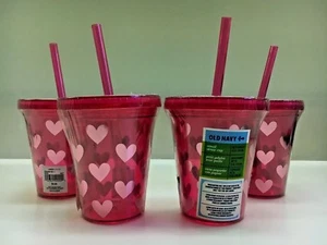 ROSA ROJO CORAZÓN VASO BEBIDA TAZA Y PAJITA - FAVOR FIESTA NIÑA, JUEGO DE 4 NUEVO - Imagen 1 de 5