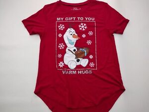 Disney Frozen Junior Womens Red Olaf Warm Hugs Snowman Tee Shirt Mediium