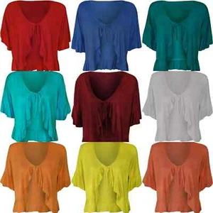 Women's Frill Tie Front Ladies V Neck Cardigan Bolero Shrug Top Plus Size 8-26 - Picture 1 of 14