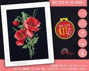 Red poppies bouquet cross stitch kit Poppy embroidery kit Black Aida - Picture 1 of 10