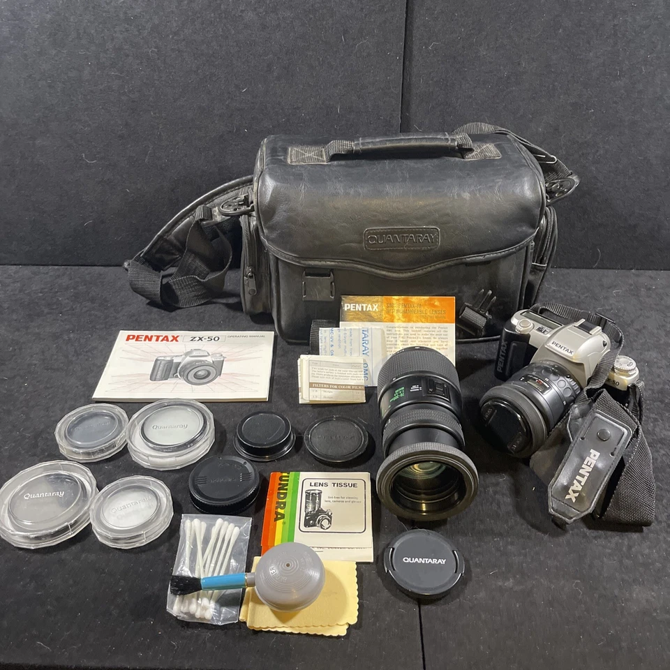 Pentax ZX-50 Camera W 35-80MM Manual and Bag extra Lences Quantaray tech-10 - Image 1 of 4