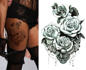 Temporary Tattoo Large Black Rose Lace Flower Fake Body Art Sticker Waterproof - Picture 1 of 5