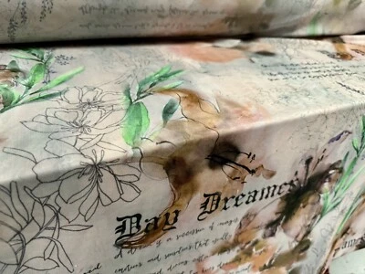 Power Mesh Net Stretch Fabric, Per Metre - Poetry & Flowers Print - Grey Tan - Image 1 of 3