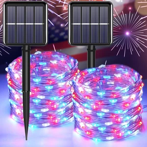 4Th of July Patriotic Decorations,Red White Blue Solar Fairy String Lights Outdo - Picture 1 of 12