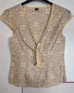 Gap Womens Top Blouse Cotton Silk Trim Size Small Empire Line Tie Yellow Print - Picture 1 of 6